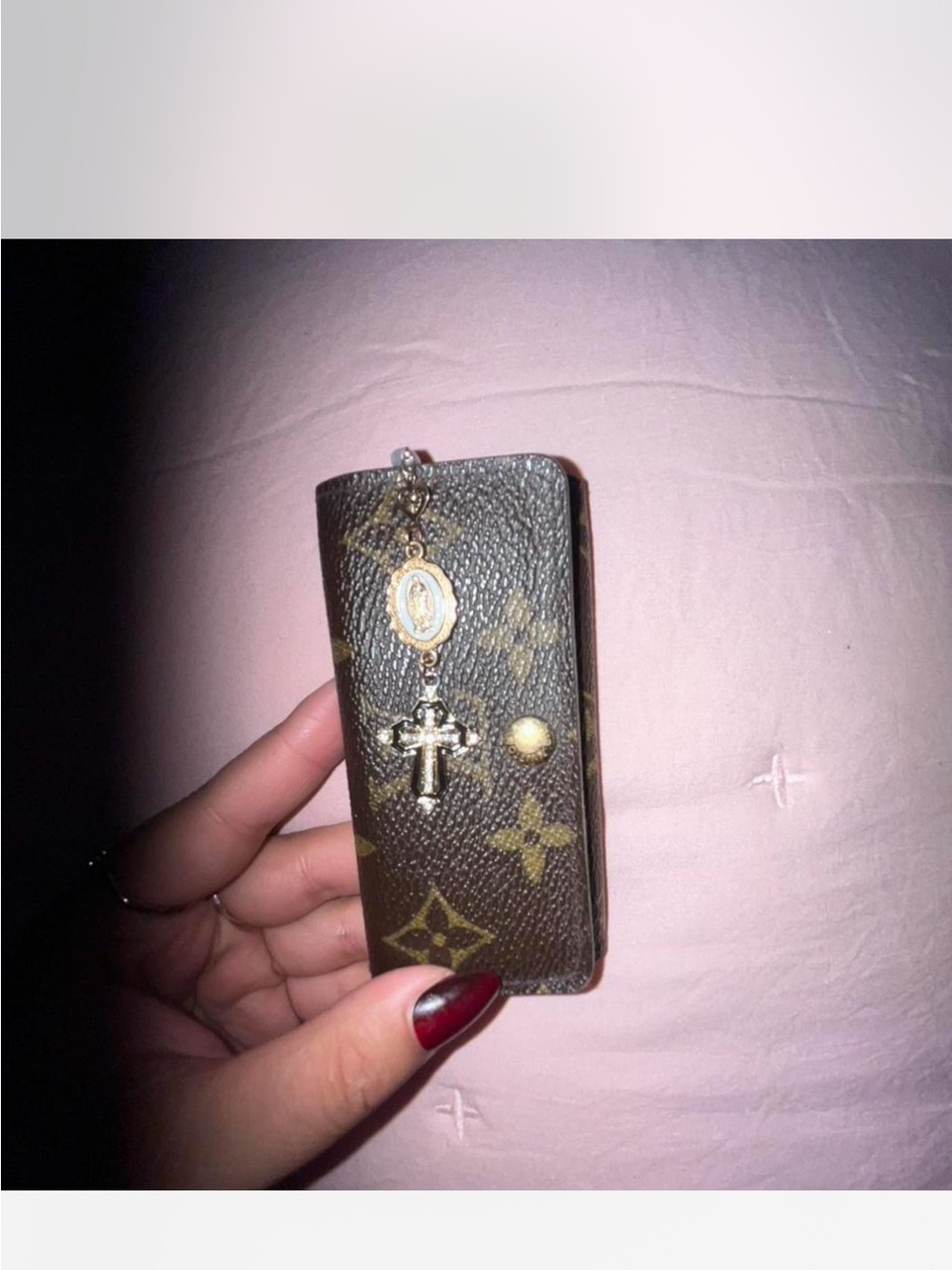 Monogram Key Case with Religious Charm - Brown